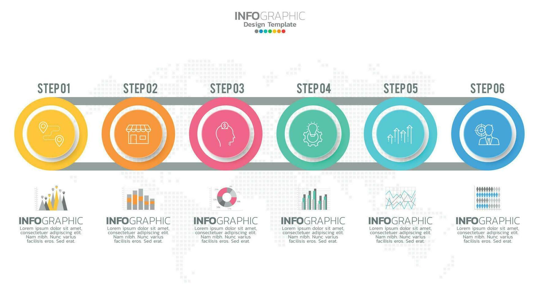 Timeline infographic vector with 6 steps can be used for workflow layout diagram annual report web design.