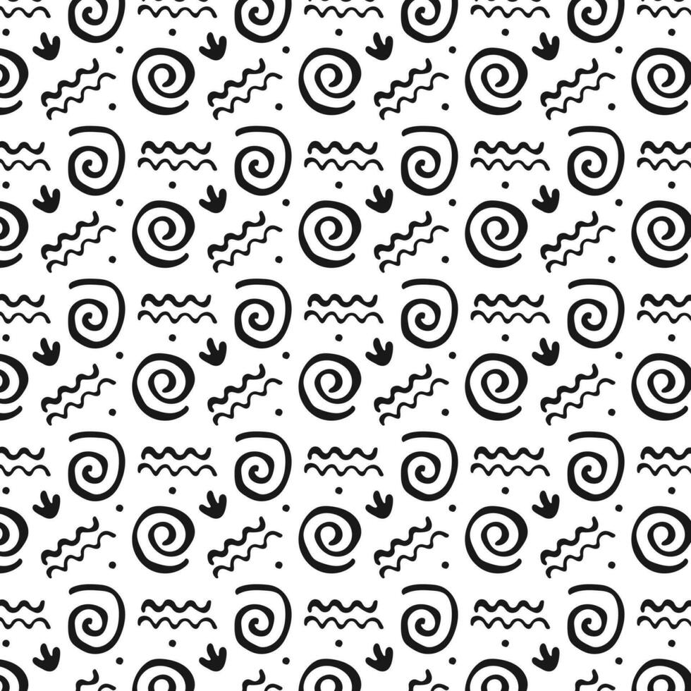 Hand drawn spirals, wavy patterns for fabric, print, textiles, fabrics. Seamless pattern drawings of ancient tribe. Primitive ethnic ornament, petroglyph. Ancient patterns. Vector illustration