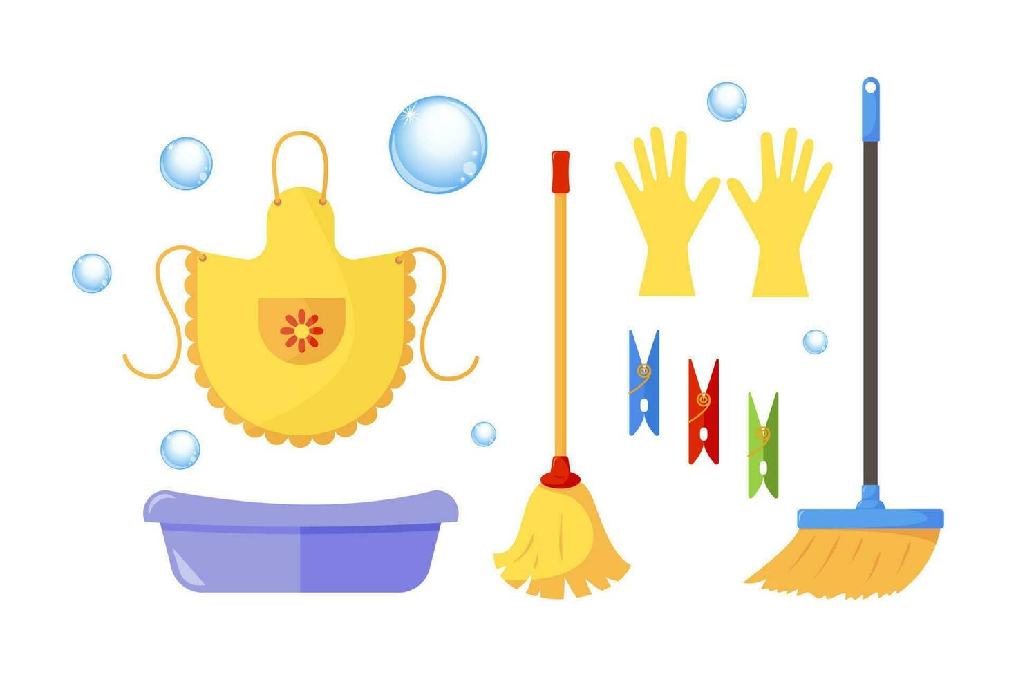 Set of household tools for washing and cleaning. Beautiful apron, clothespins, basin, household gloves, broom and mop. Soap bubbles. Cleaning, hygiene. Vector illustration in flat cartoon style