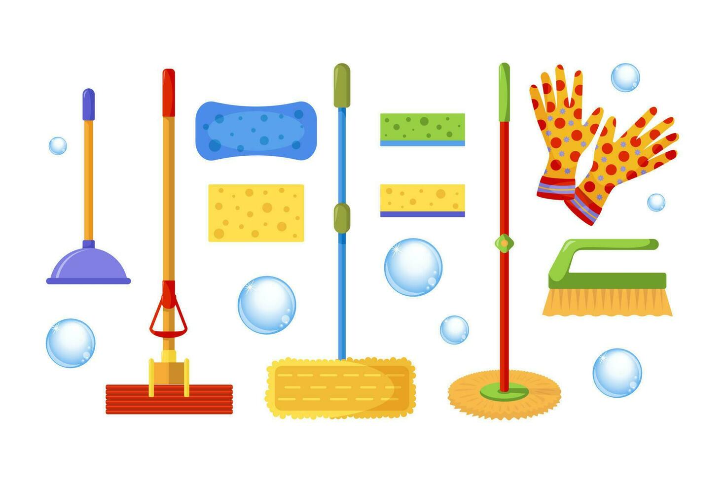 Cleaning products set for housework. Household mop, roller, self-squeezing, sponges for washing dishes, plunger, brush, household gloves. Household tools for cleaning house and office. Vector