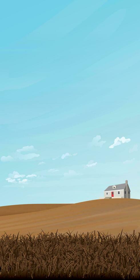 Rural landscape with wheat field and house on hill vertical vector illustration have blank space for wording or advertisement at the sky area.