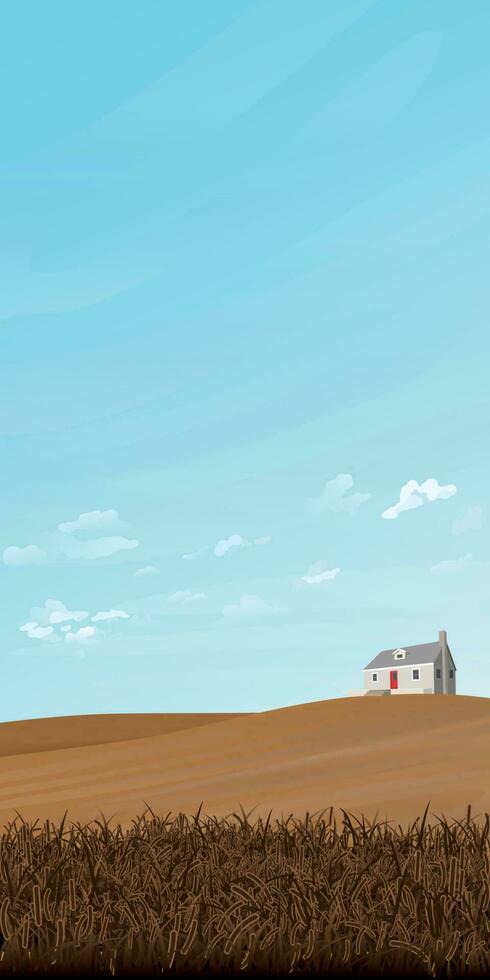 Rural landscape with wheat field and house on hill vertical vector illustration have blank space for wording or advertisement at the sky area.