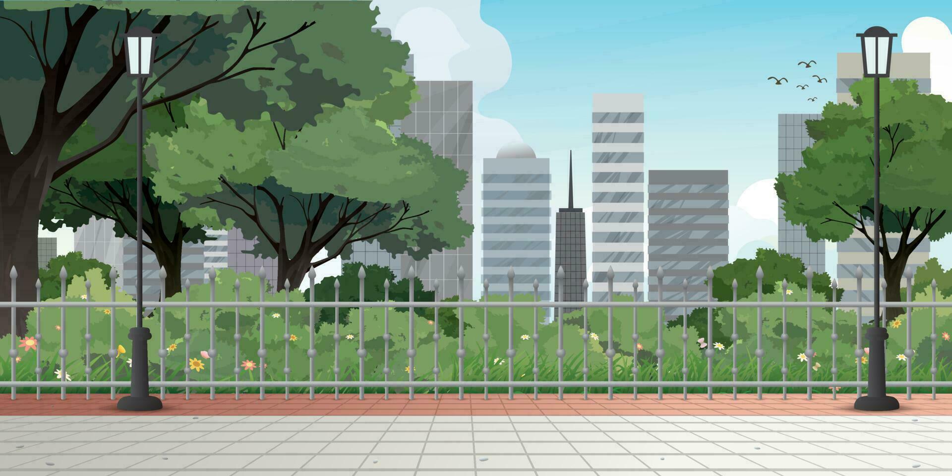 público parque en el ciudad tener rascacielos, nubes y azul cielo detrás vector ilustración.