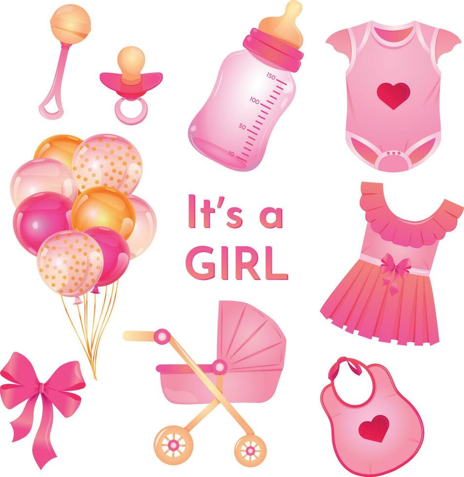 Vector illustrations collection for gender party. It's a girl stickerpak. Cards for girl, little princess, gender reveal baby shower, birthday