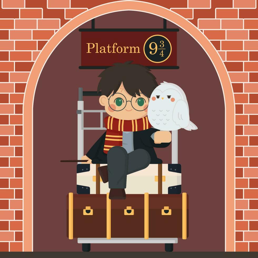 Little Wizard Sits on the Trolley with His Owl vector