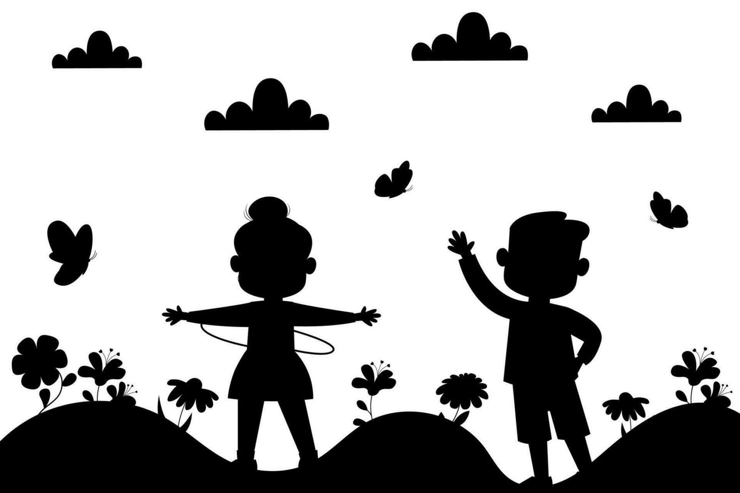Drawing silhouette of cartoon children. Summer background vector