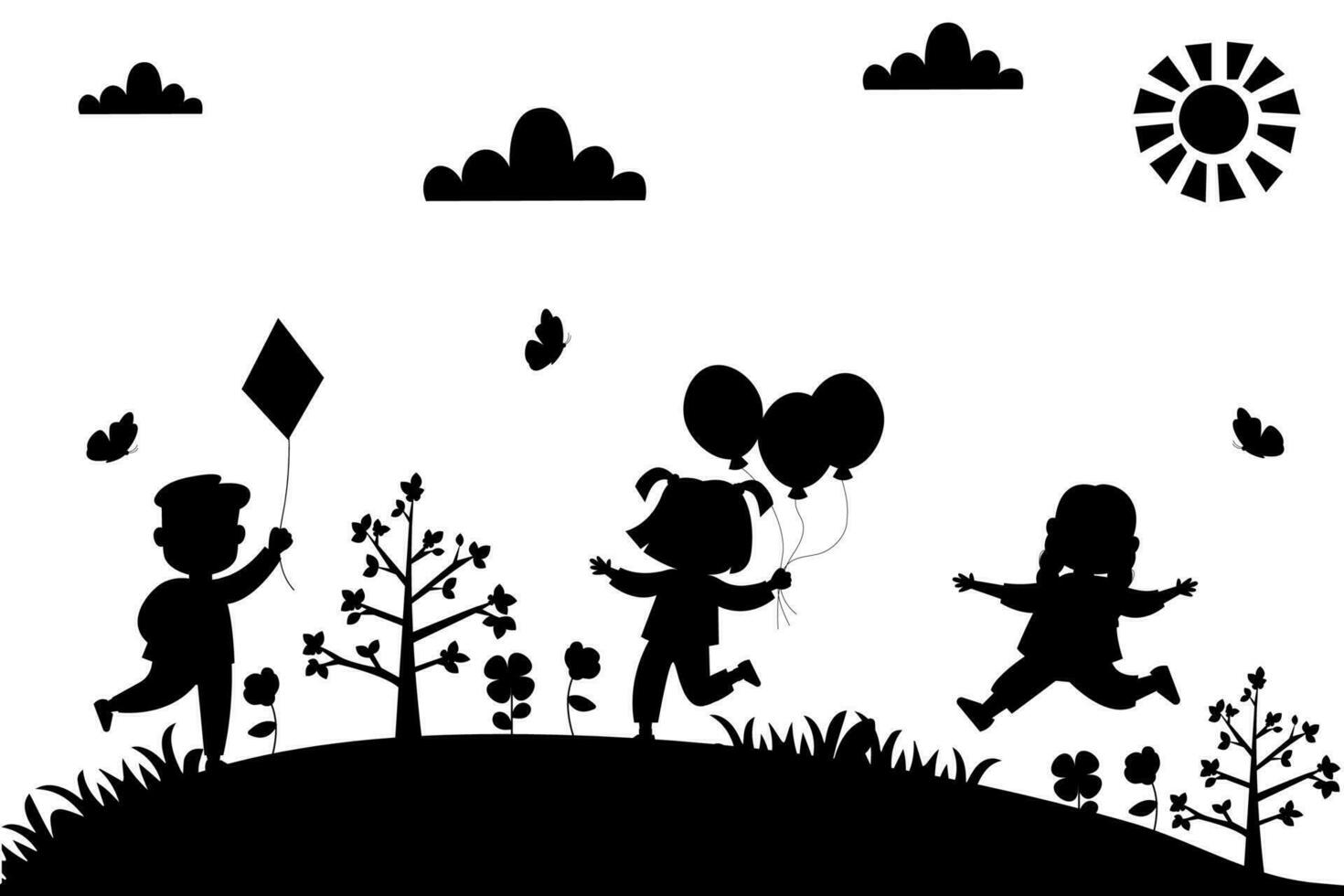 Drawing silhouette of cartoon children. Summer background. Children playing in nature vector