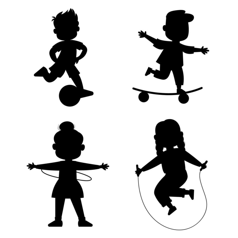 silueta niños jugando fútbol, saltando soga, andar en patineta, hilado en circulo vector