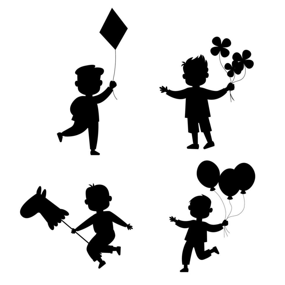 Niños silueta niños conjunto con globos, caballo, flores y cometa vector