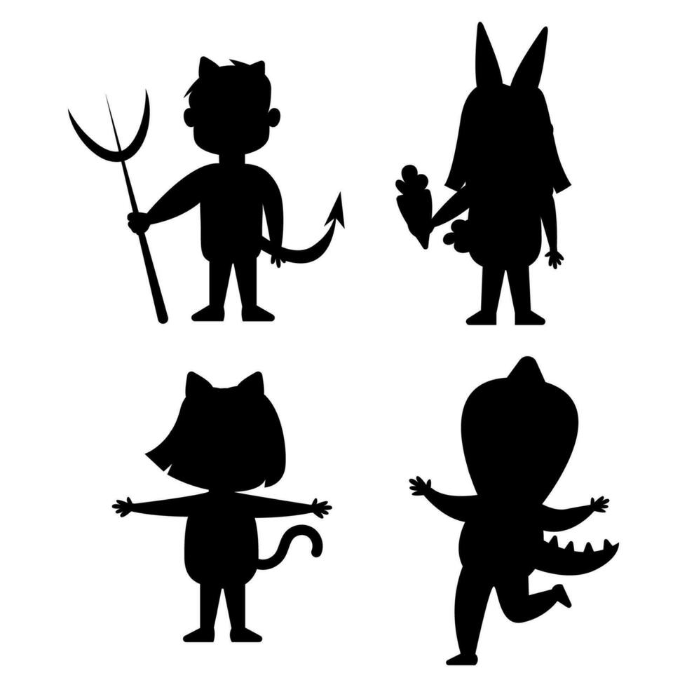 Children silhouette in dinosaur, hare, tiger, devil costume vector