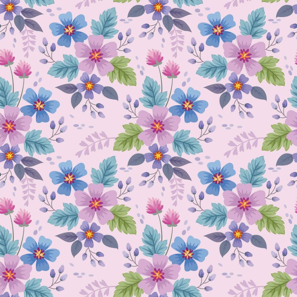 Pink, blue, violet color flowers with green leaf seamless pattern. vector