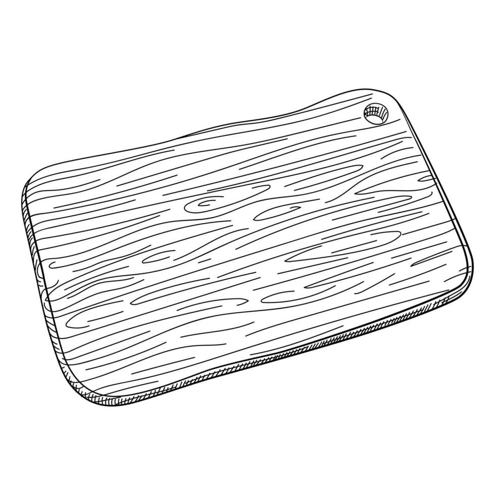 Hand drawn cutting rectangular wooden board Isolated on white. Barbecue serving board. Kitchen utensils sketch. Engraving style. vector