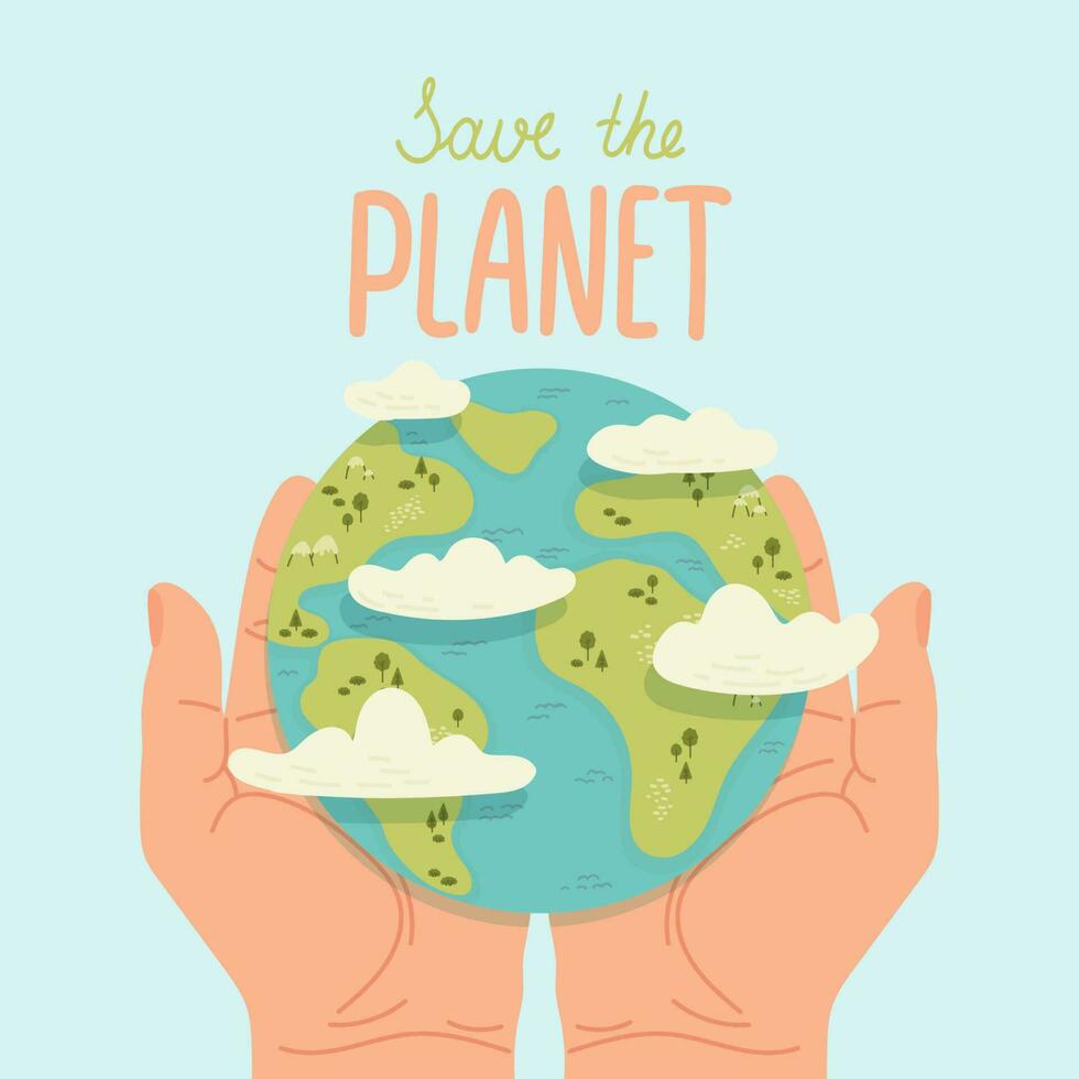 Happy Earth Day Save Nature. Vector eco illustration for social media, poster, banner, card, flyer on the theme of saving planet, human hands protect earth