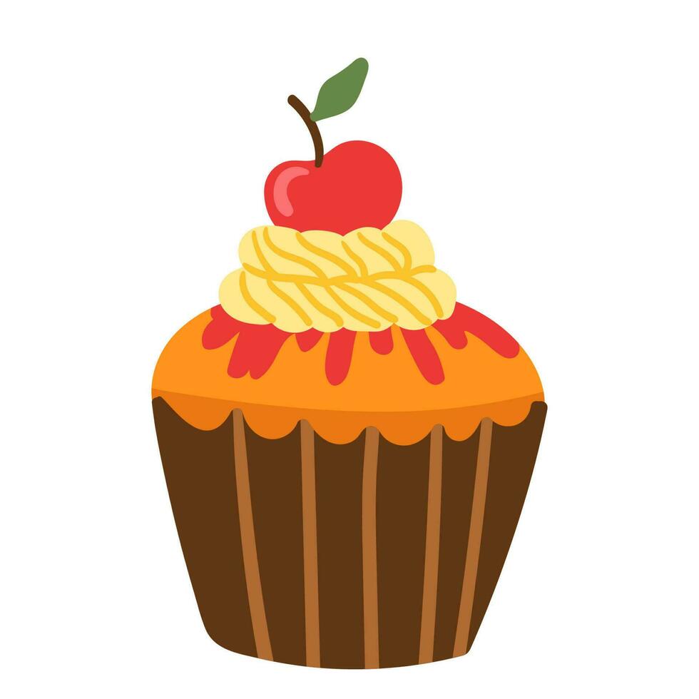 Sweet yummy cupcake, creamy cake, muffin vector ilustration. Flat style cartoon cake icon isolated on white background