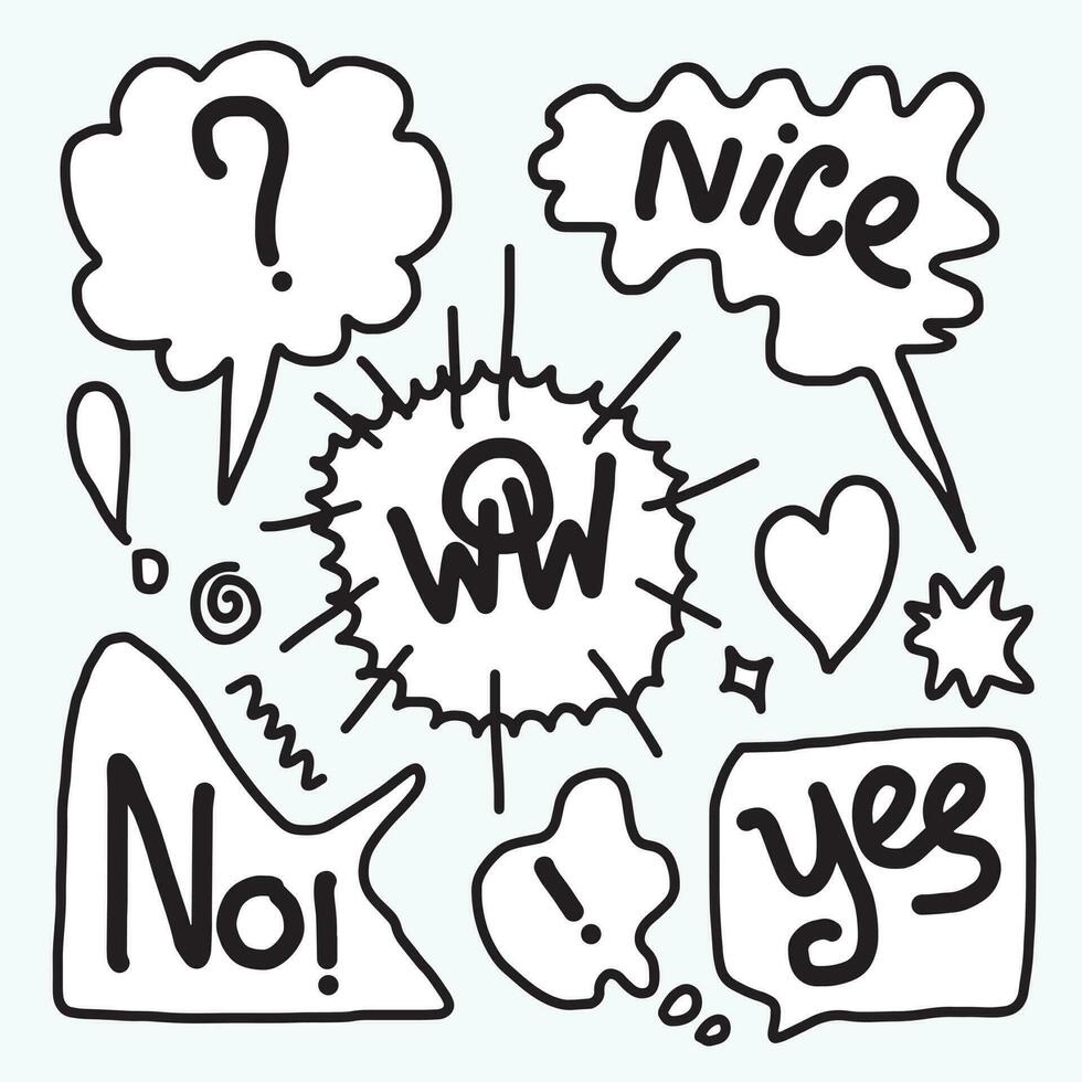 Hand drawn set of speech bubbles with handwritten text wow,nice,no,yes. vector