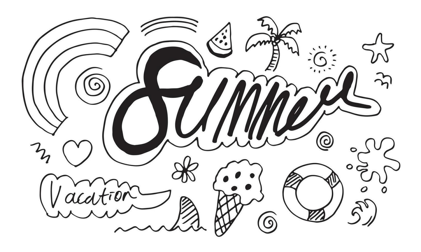 Summer collection. Vector illustration of funny doodle summer symbols isolated on white background.