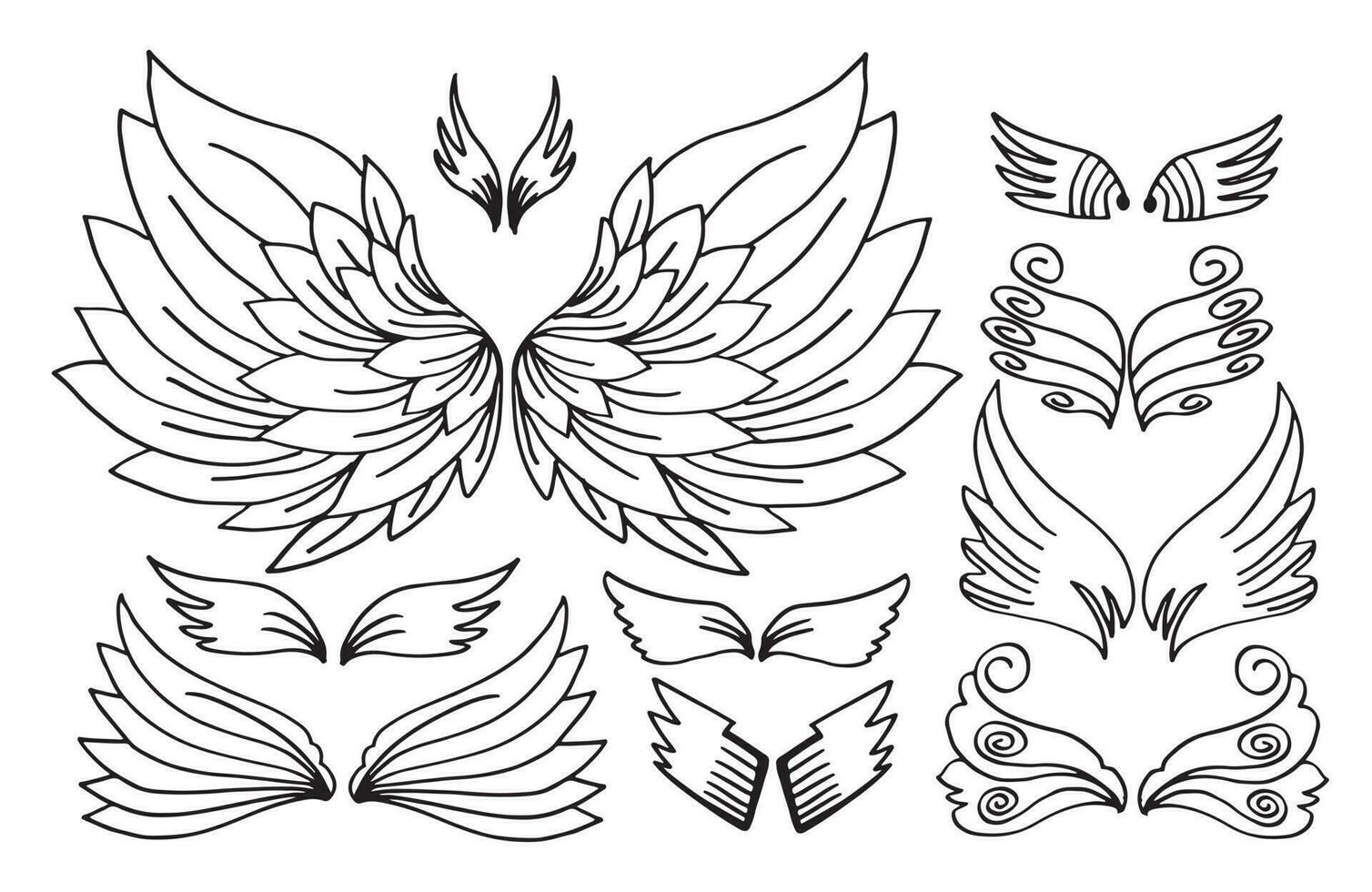 Wings birds and angel.Sketch angel wings.Doodle illustration. vector