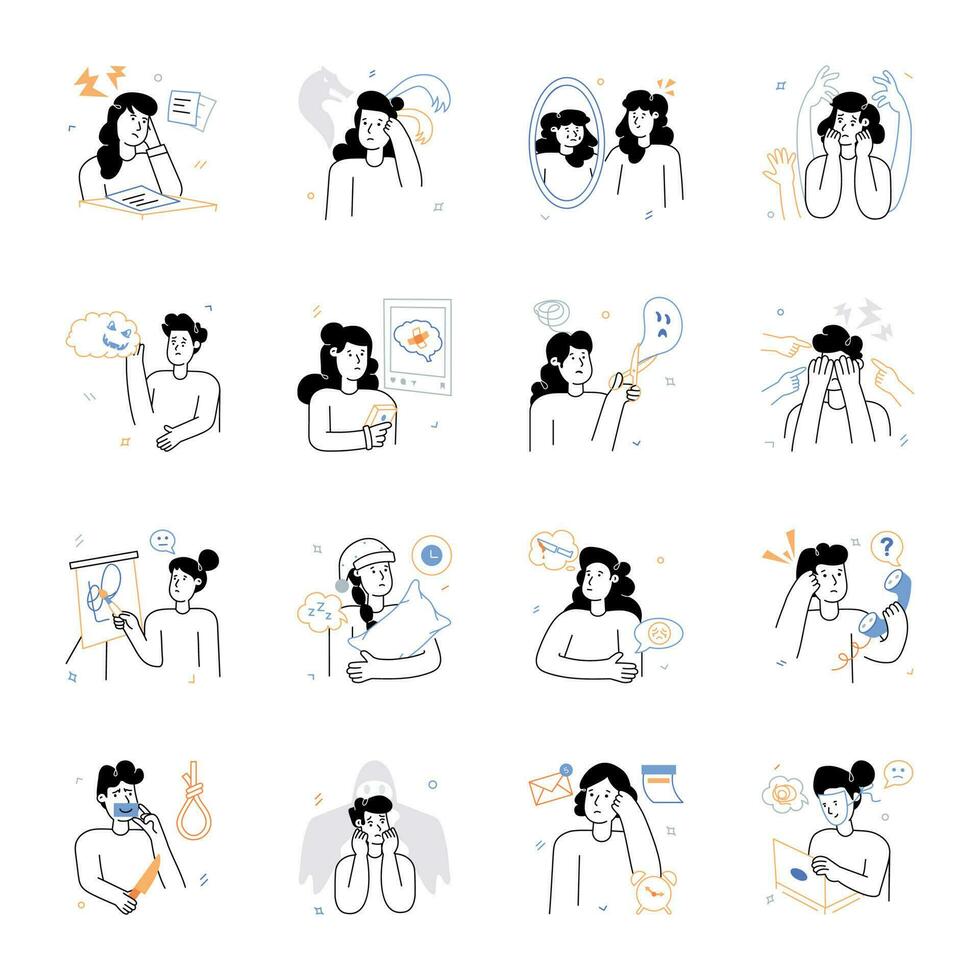 Pack of Sketchy Style Anxiety Disorders Illustrations vector