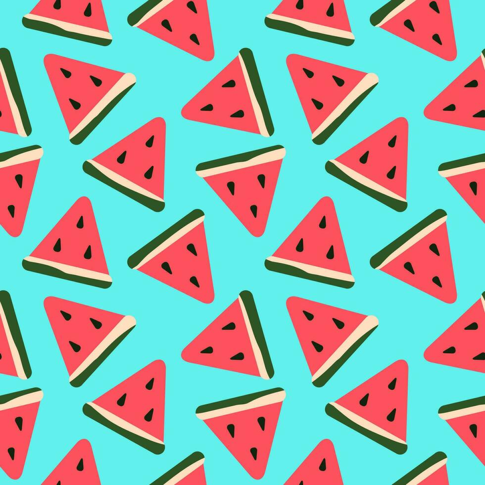 Abstract triangular summer fruits colorful seamless pattern. Sliced watermelon with seeds background. Vector illustration