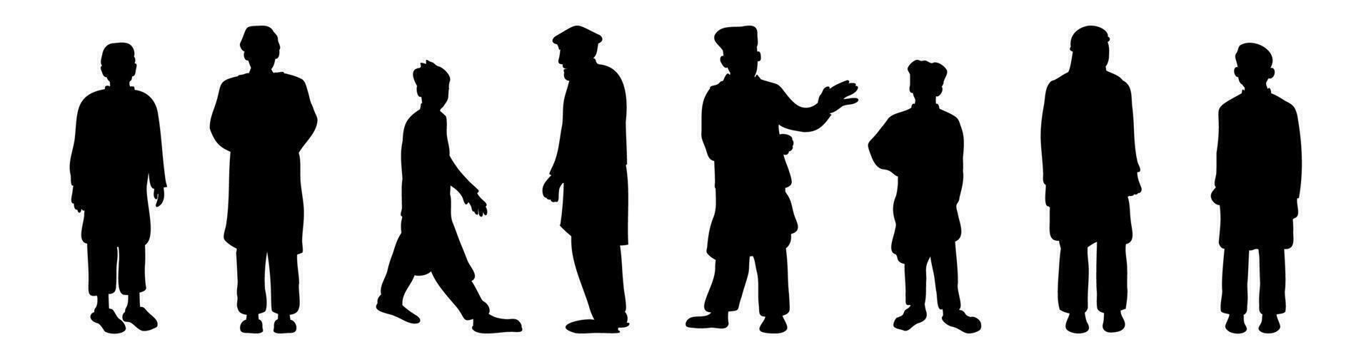 Muslim Arab Asia different poses men silhouettes set. Boys, youth and old man wearing Shalwar kameez traditional dress. Inclusiveness and diversity design elements vector illustration.