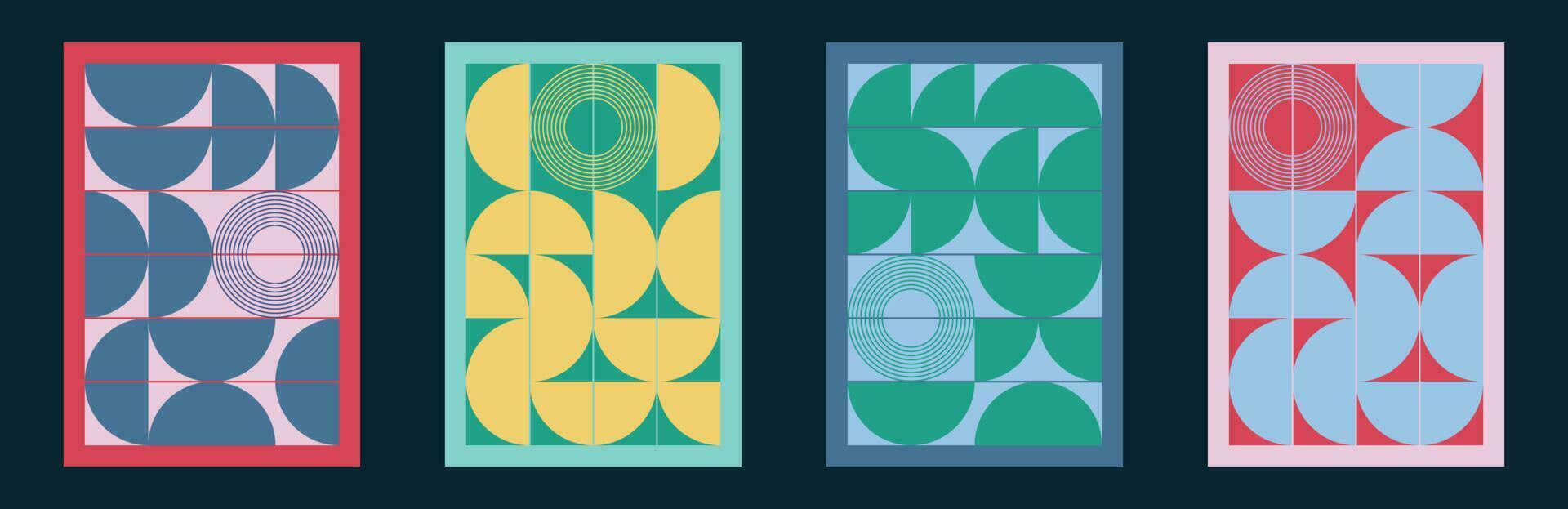 Abstract geometric wall art posters. Mid century modern inspired pattern. Circles semicircles nordic boho minimalistic design. Aesthetic interior decor. Vector illustration.