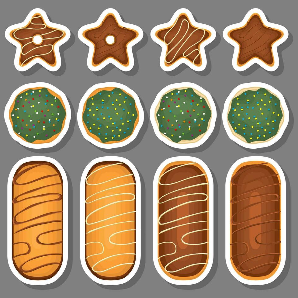 gran juego de galletas caseras de diferentes sabores en galletas de pastelería vector