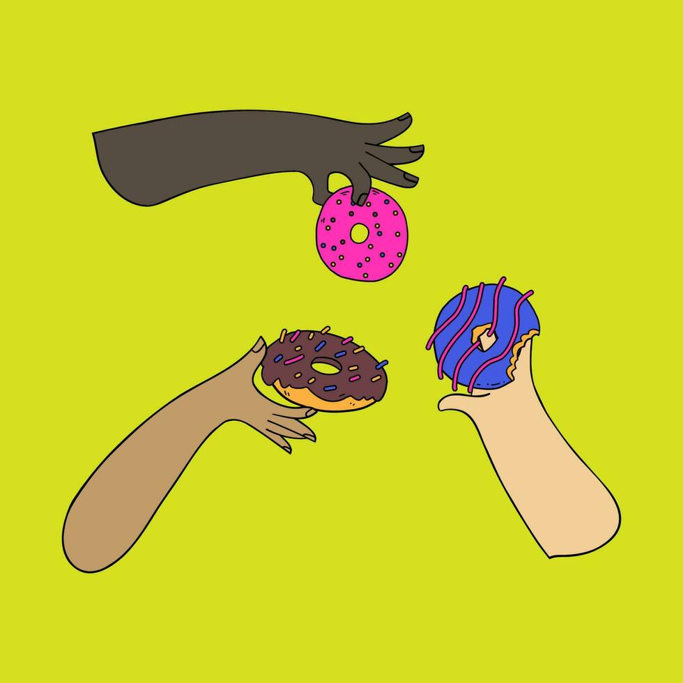 Hand holding donut. Bright cute donut with icing. Vector set for national donut day.