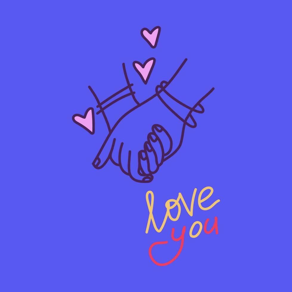 Minimalistic doodle vector hand drawn illustration. Two hand with hearts and lettering