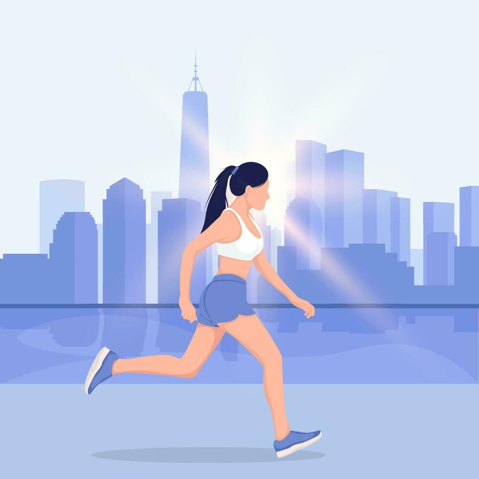 ogging young woman.City landscape background. Healthy lifestyle illustration vector