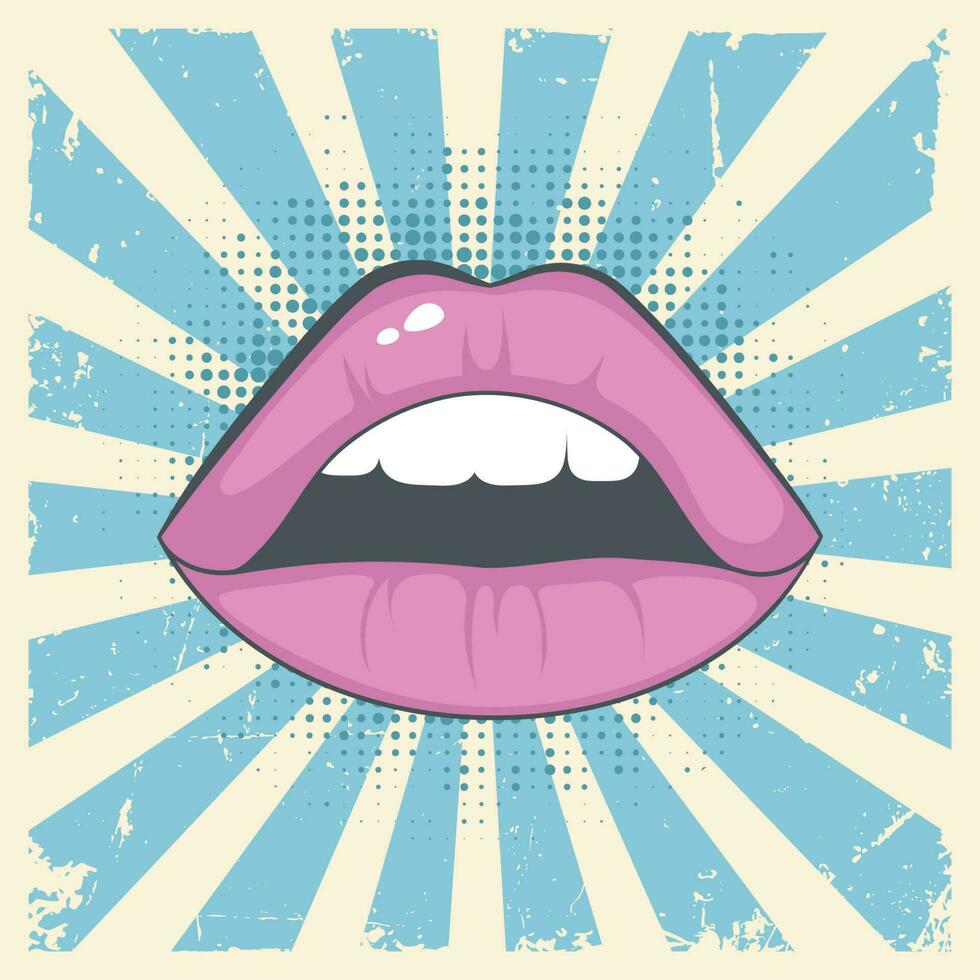 Vintage, retro, pop art comic style poster with open lips. vector