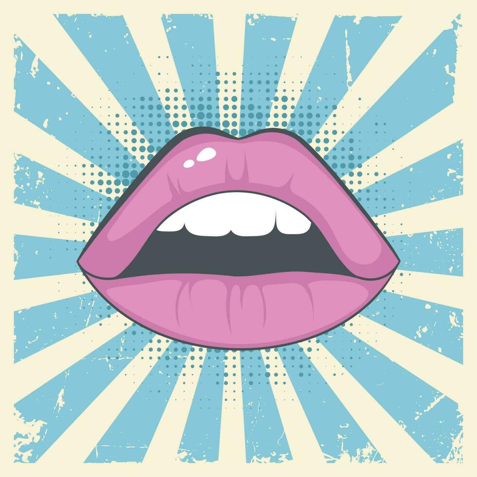 antiguo, retro, popular Arte cómic estilo póster con abierto labios. vector