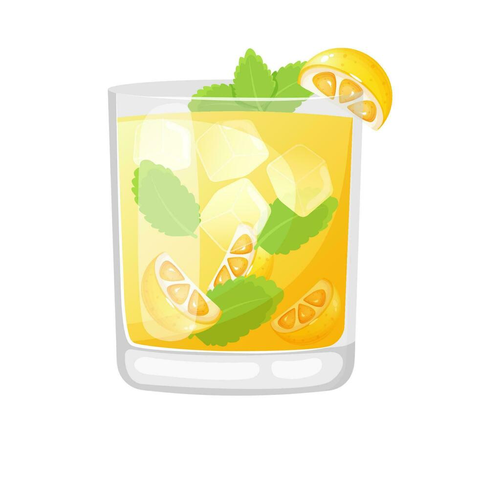 Cartoon style lemonade in a glass with ice cube, lemon and mint. vector