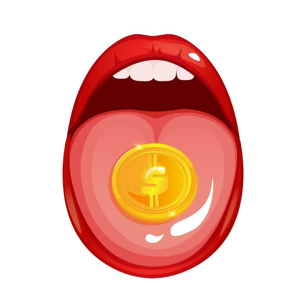 Cartoon style woman red mouth holding a gold coin on a tongue. vector