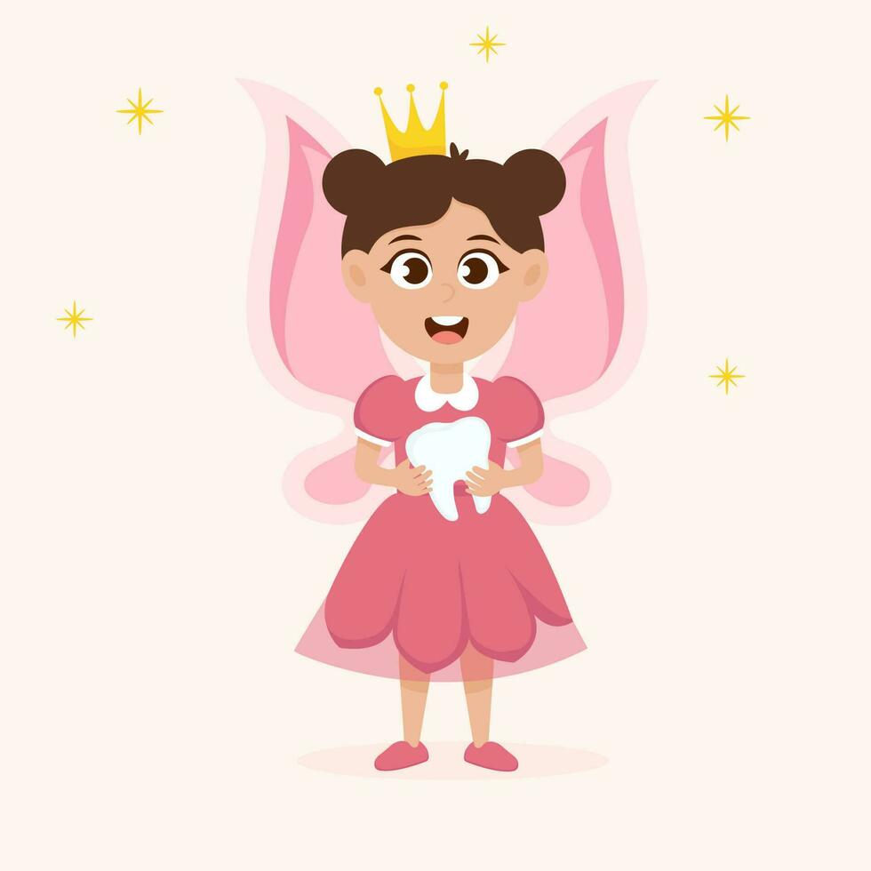 Cute little tooth fairy holding a tooth. vector
