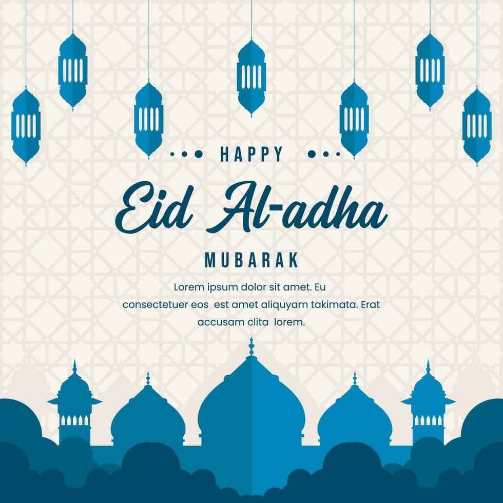 Greeting card for the celebration of eid al - adha. with mosque silhouette illustration vector