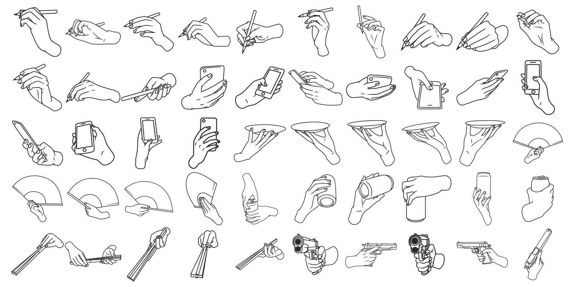 Set of item bundle various hand poses doing daily activities, doodle line art style vector