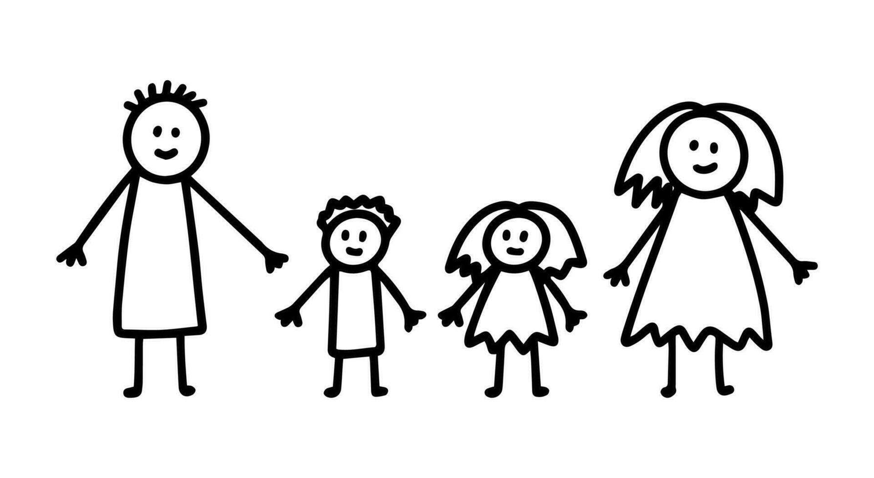 Kids doodle drawing of family with mom, dad and children, son and daughter. vector