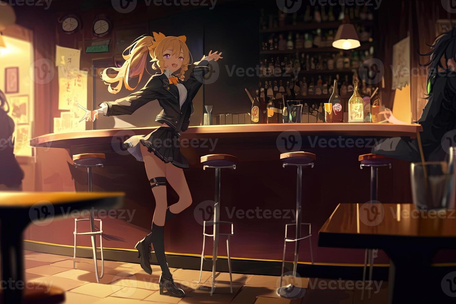 Pretty anime school girl dancing in a table bar illustration photo