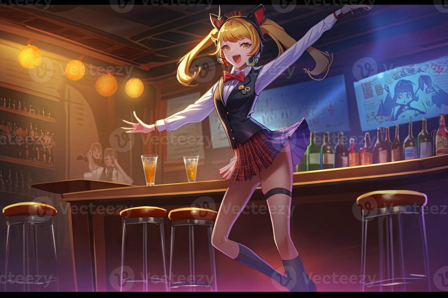 Pretty anime school girl dancing in a table bar illustration photo