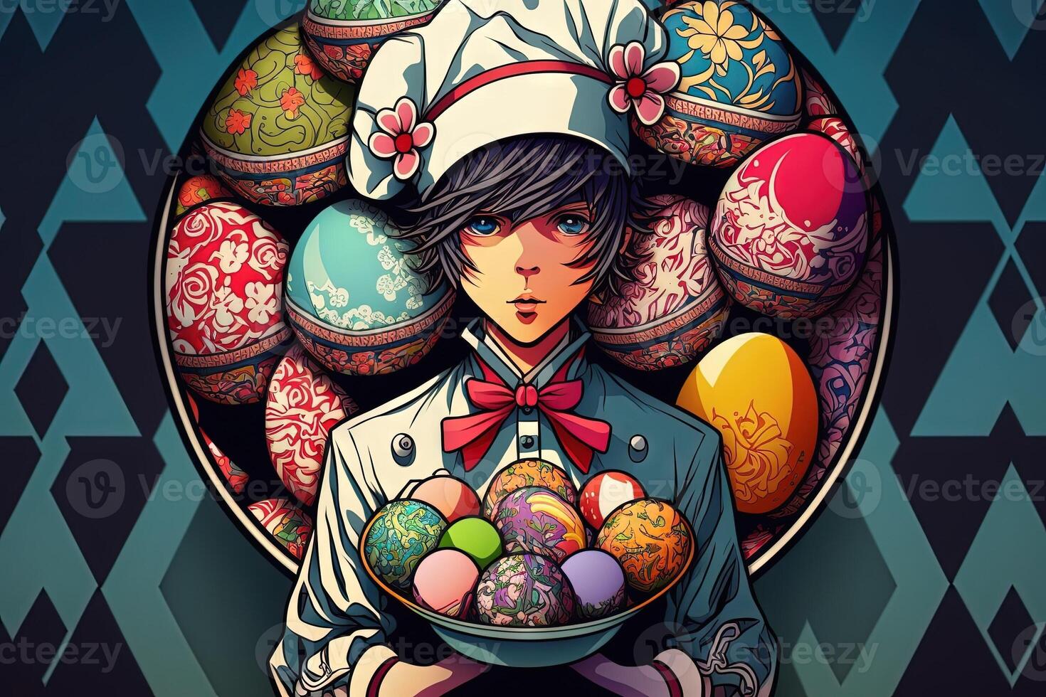 Pretty in a chef's hat holding a plate of beautifully decorated Easter eggs, with intricate patterns Easter illustration manga style photo