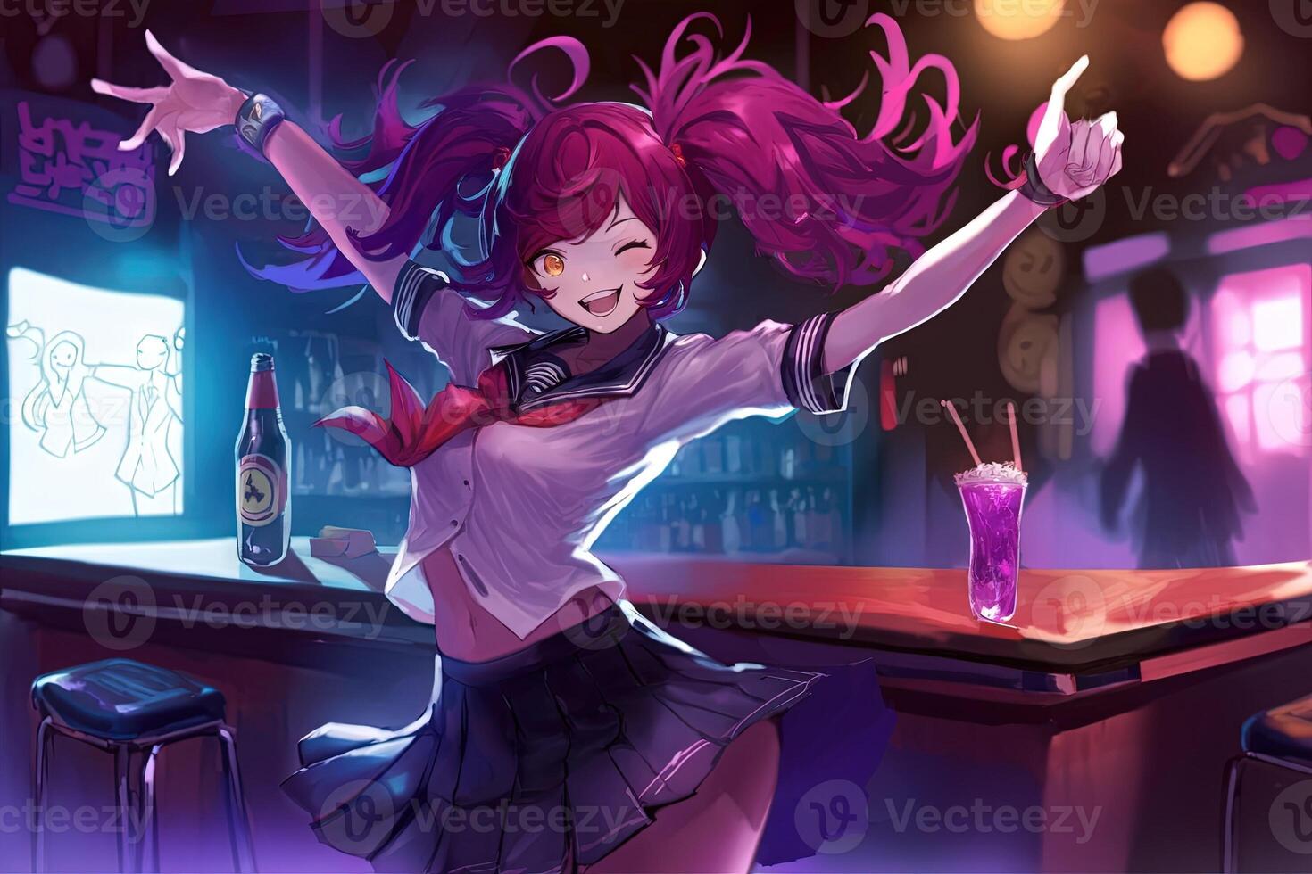 Pretty anime school girl dancing in a table bar illustration photo