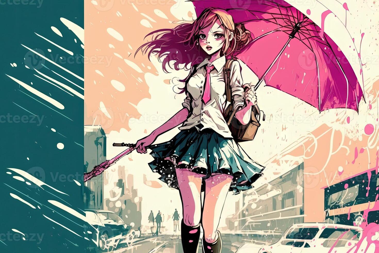 Pretty girl in mini skirt with a pink parasol, walking through a rainy city and spreading sunshine with her positive attitude, manga stye illustration photo