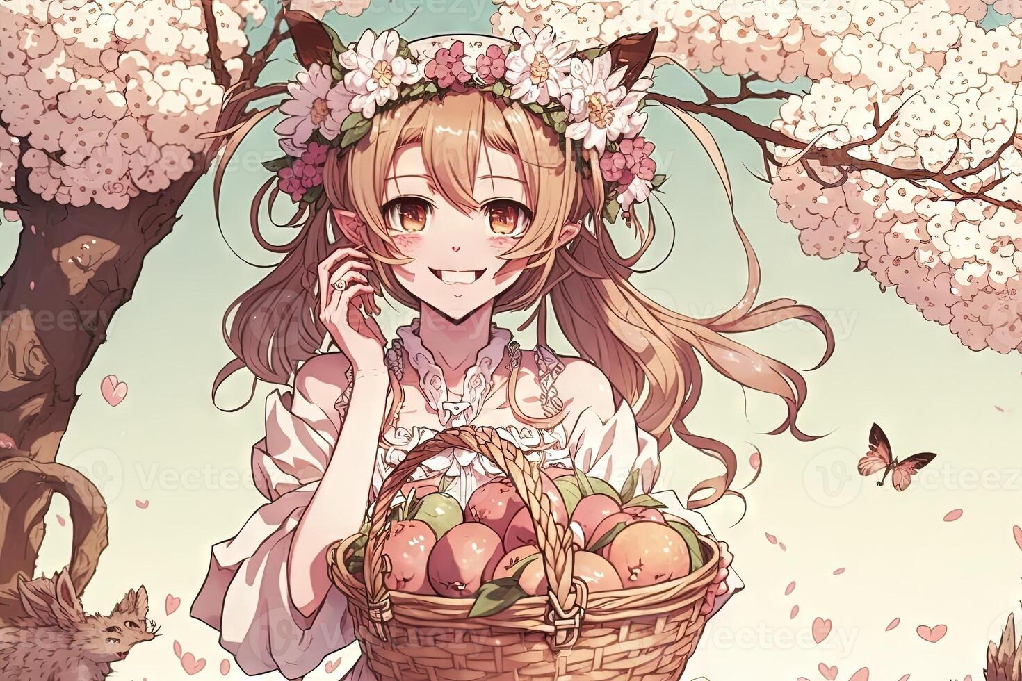 Pretty girl wearing a flower crown and holding a basket of Easter treats, smiling near a blooming cherry blossom tree Easter illustration manga style photo