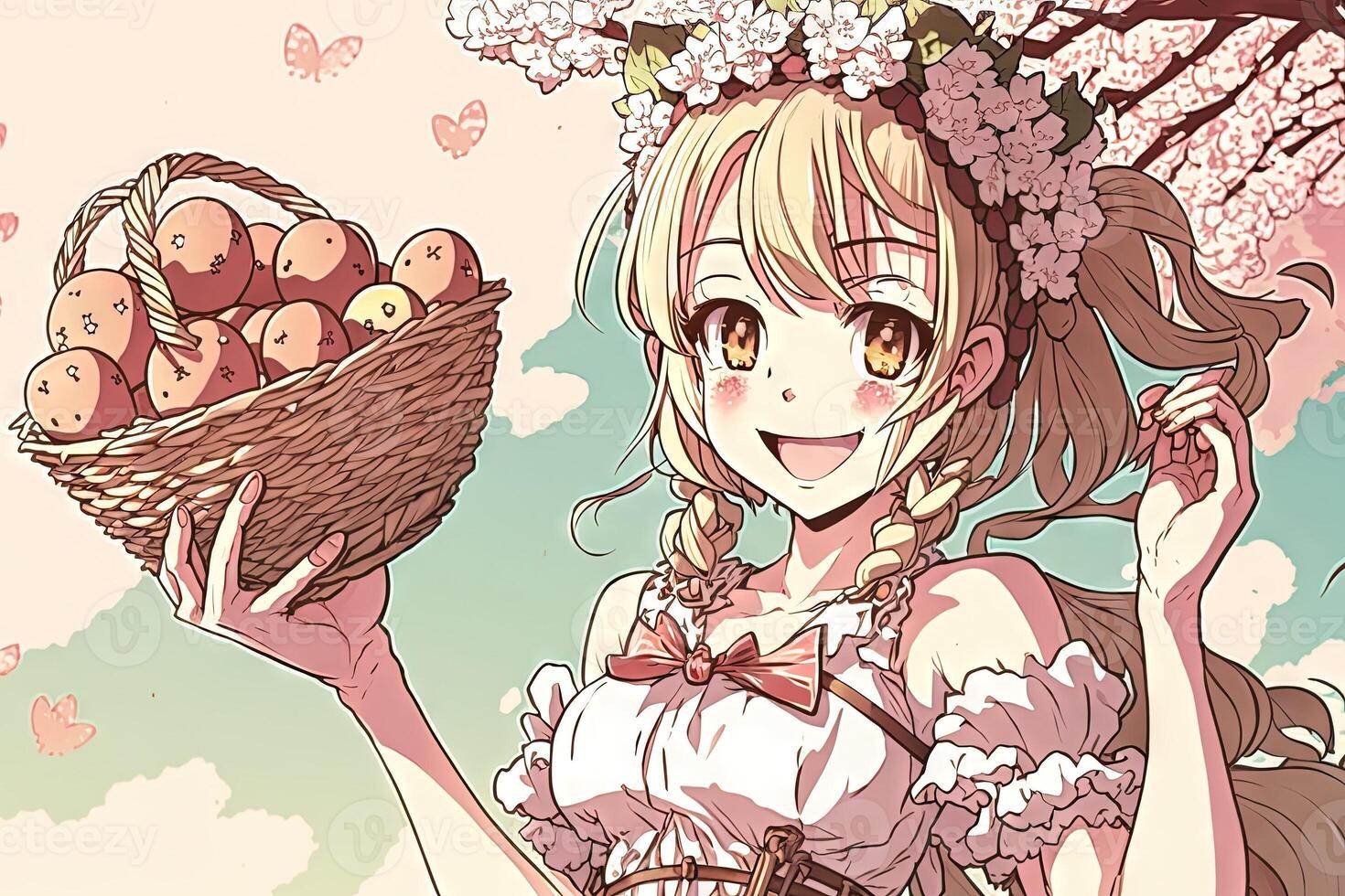 Pretty girl wearing a flower crown and holding a basket of Easter treats, smiling near a blooming cherry blossom tree Easter illustration manga style photo