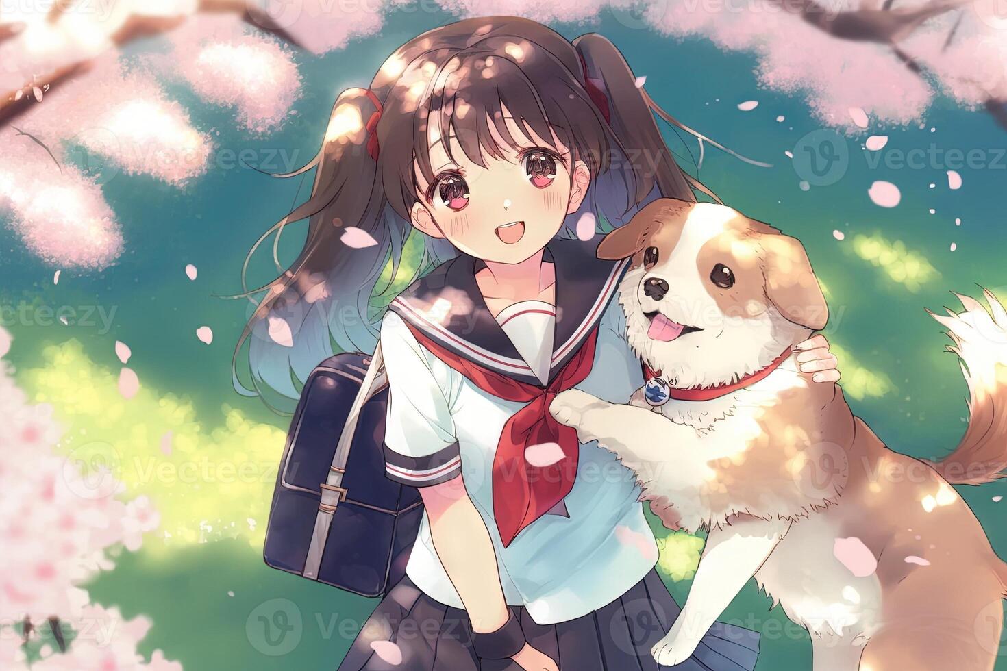 bonito anime colegio niña con un perro mirando a usted ilustración generativo ai foto