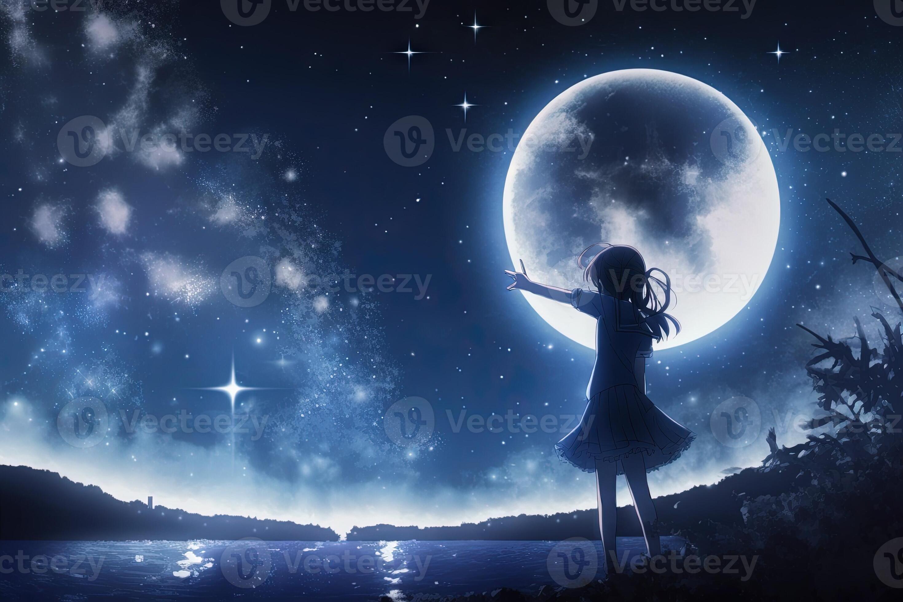 anime girl looking at the moon on starry night illustration generative ...