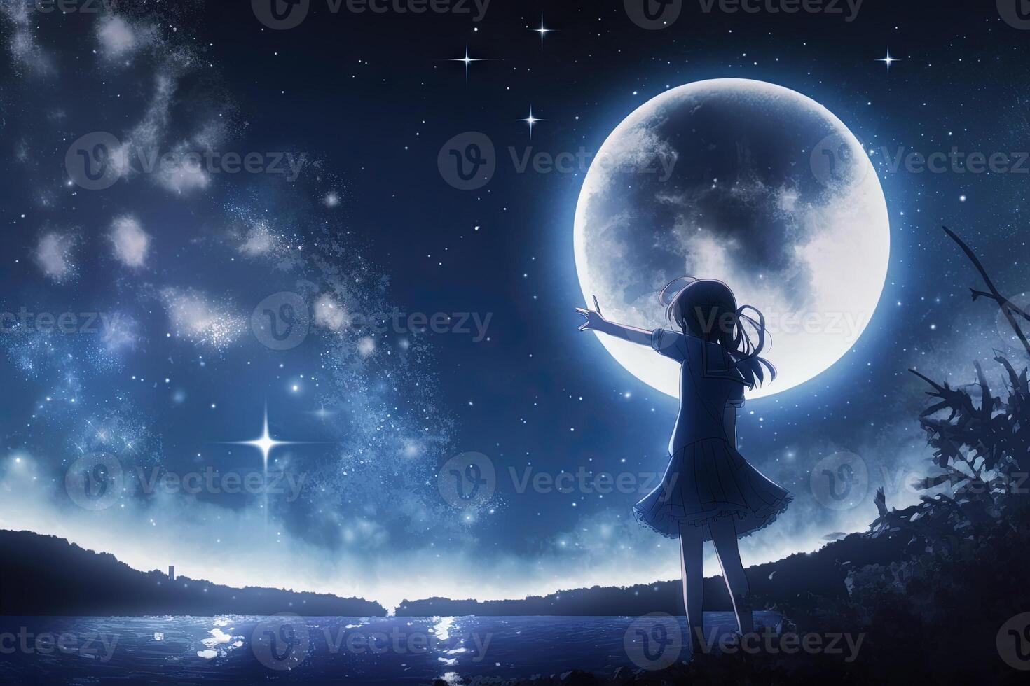 anime girl looking at the moon on starry night illustration photo