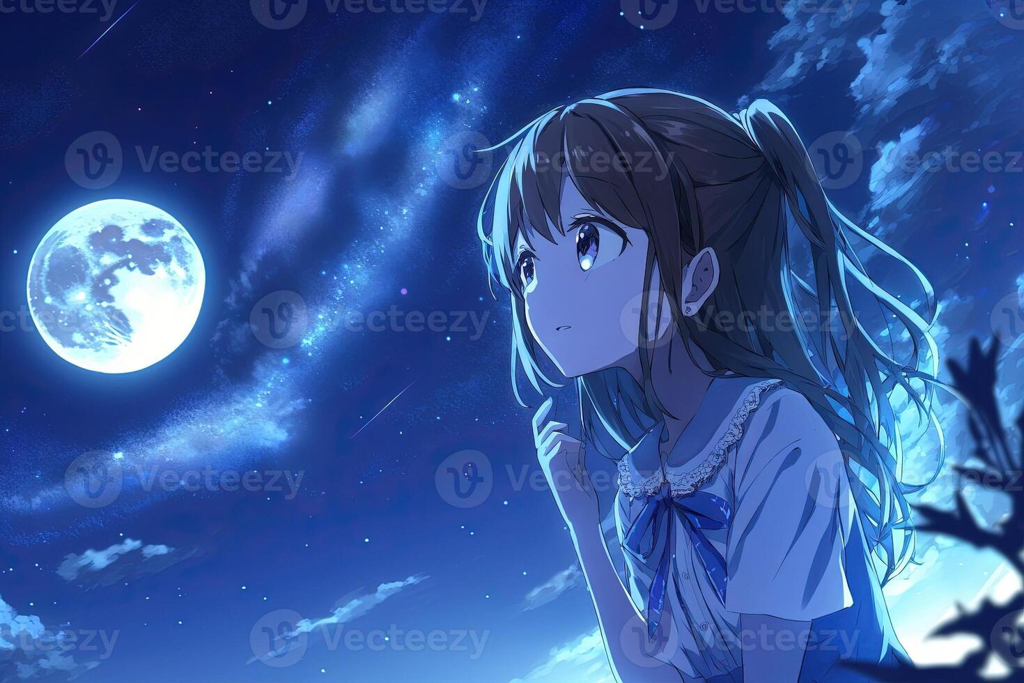 anime niña mirando a el Luna en estrellado noche ilustración generativo ai foto