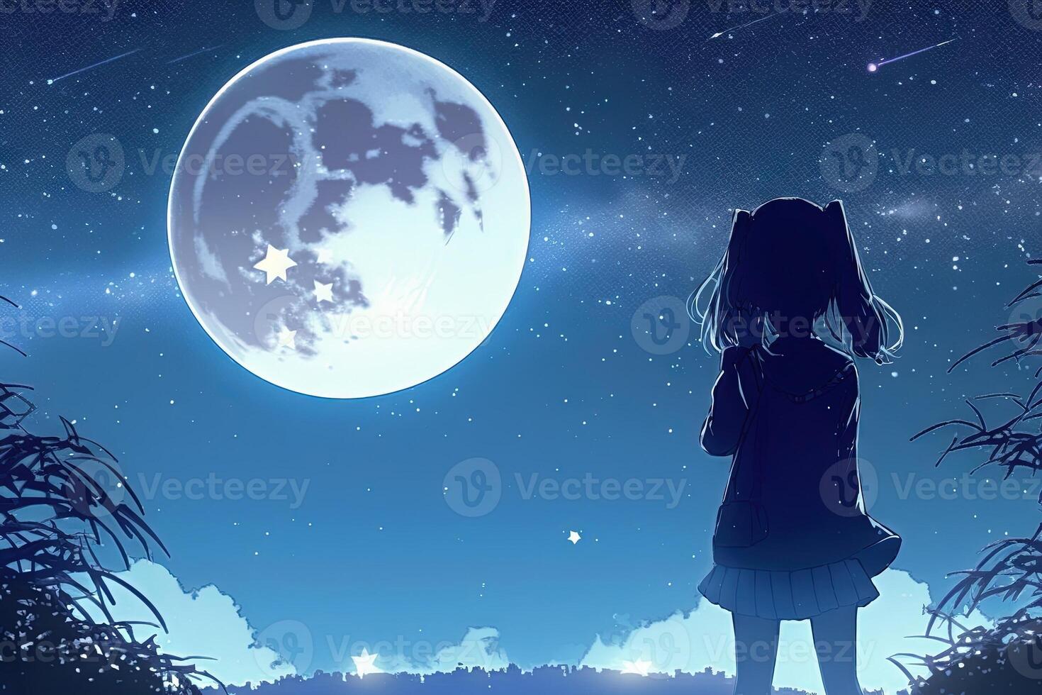 anime girl looking at the moon on starry night illustration photo