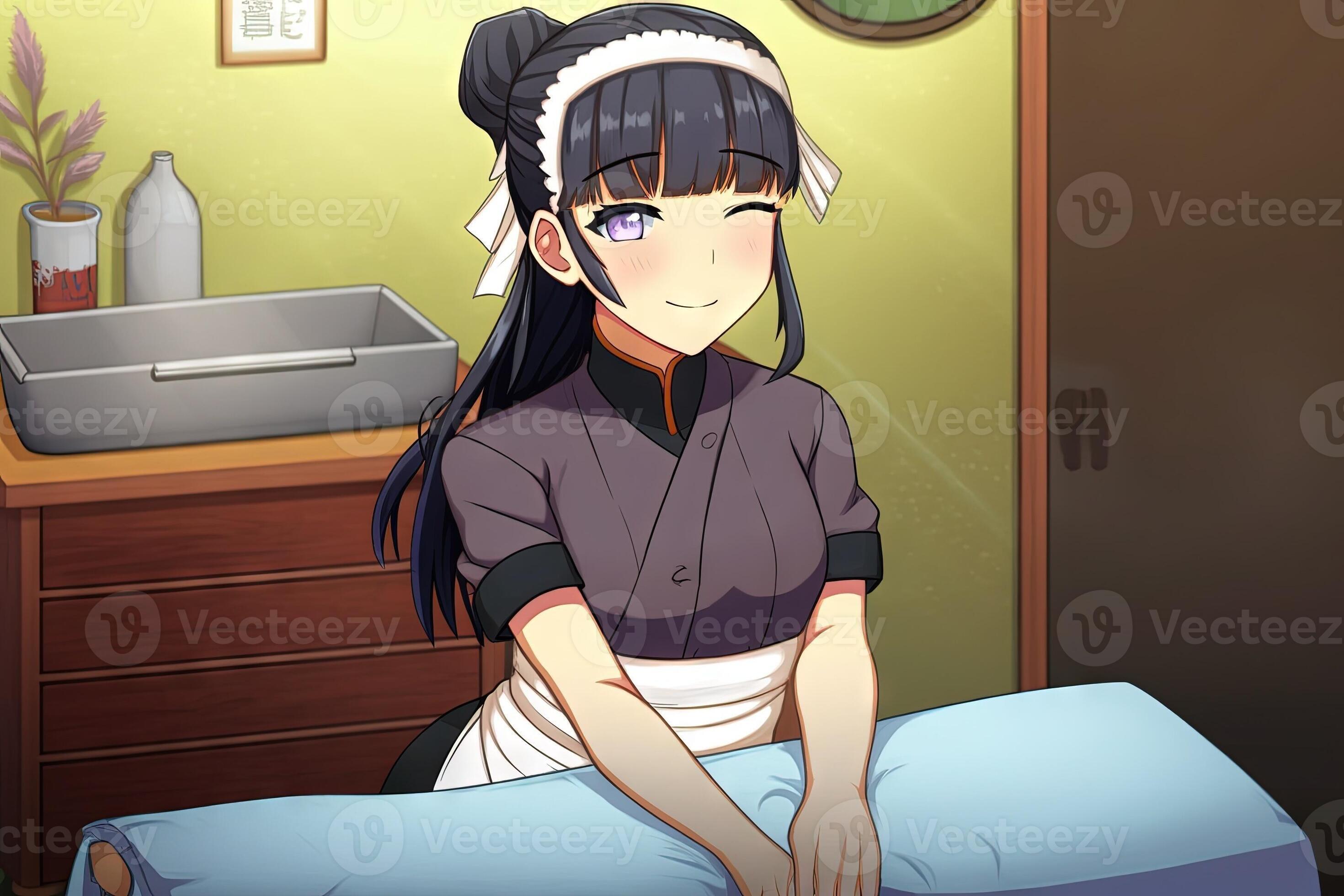 Pretty anime masseuse in massage parlor looking at you illustration